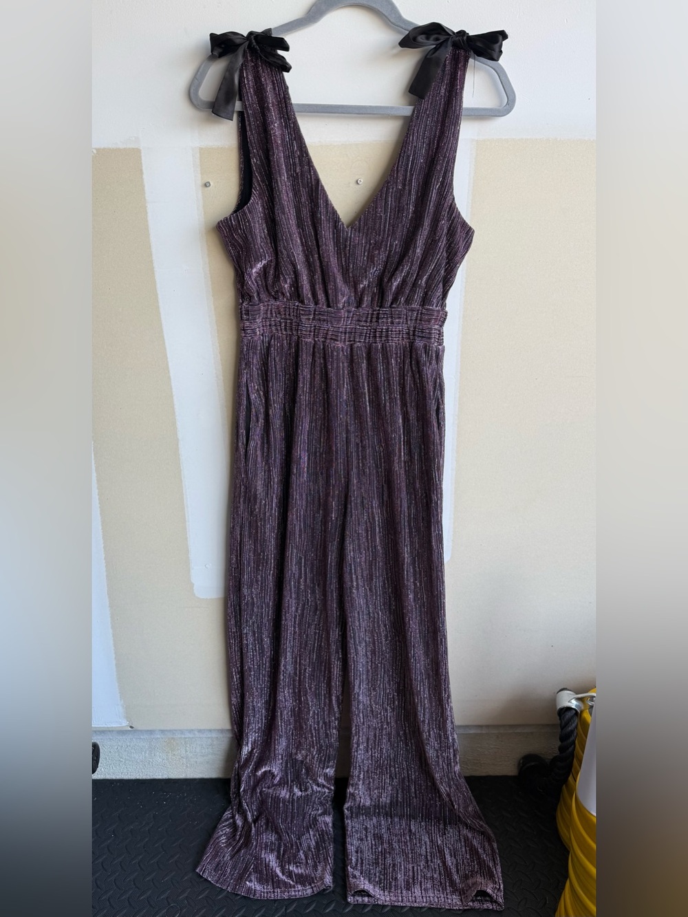 Metallic Plum V-Neck Wide-Leg Jumpsuit with Tie Shoulders